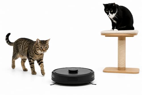 Dos gatos de temperamentos visualmente distintos reaccionan de manera diferente ante un robot doméstico inmóvil: uno pasa cerca de él con indiferencia mientras el otro permanece varios metros atrás observándolo con cautela desde una zona elevada. Ningún animal muestra pánico