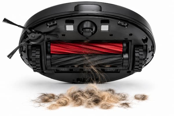 Cepillo antienredos de robot aspirador recogiendo pelos largos de mascotas
