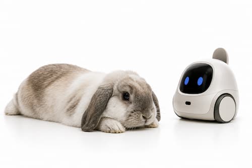 Fotografía publicitaria hiperrealista con fondo blanco. Un conejo doméstico descansa relajado mientras un pequeño robot de compañía permanece inmóvil cerca de él, sin invadir su espacio. La escena transmite tranquilidad, seguridad y respeto por el comportamiento natural del animal. Diseño minimalista, iluminación profesional