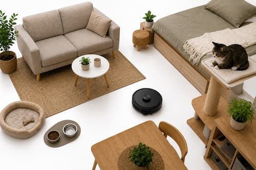 Un robot doméstico compacto circula correctamente por un estrecho paso entre los muebles mientras un gato observa desde una zona elevada. La imagen debe transmitir claramente que el robot necesita maniobrar en pocos metros cuadrados.