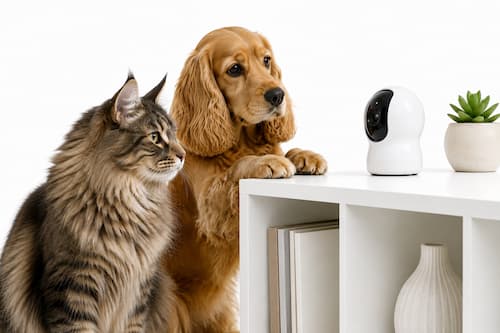 Fotografía publicitaria hiperrealista con fondo blanco. Un gato Maine Coon y un perro Cocker Spaniel observan juntos una pequeña cámara inteligente colocada sobre una estantería baja. Ambos muestran una expresión relajada y curiosa, como si reconocieran el dispositivo. Estética muy limpia, iluminación cinematográfica, sin personas, sin textos.