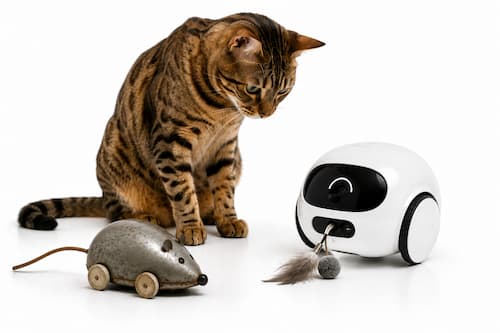 Dos generaciones de juguetes robot para mascotas