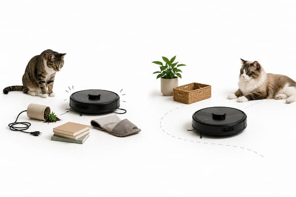 Dos robots aspiradores visualmente similares aparecen separados ampliamente en la misma composición. Junto al primero hay varios pequeños objetos ligeramente desplazados, como si hubiera realizado movimientos torpes y chocado con ellos; un gato situado a cierta distancia lo observa con postura corporal cautelosa. En el otro extremo, un segundo robot circula limpiamente entre objetos perfectamente colocados mientras otro gato continúa relajadamente con su rutina sin prestarle atención