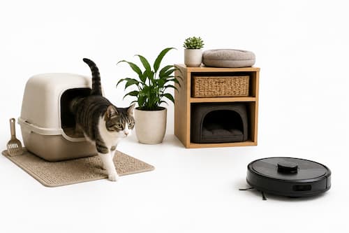 Un gato acaba de salir tranquilamente de un arenero limpio situado en una pequeña zona doméstica claramente protegida. A varios metros visuales, un robot aspirador gira en otra dirección y continúa limpiando sin acercarse al arenero. Una pequeña pieza de mobiliario crea además una separación natural entre ambas zonas.