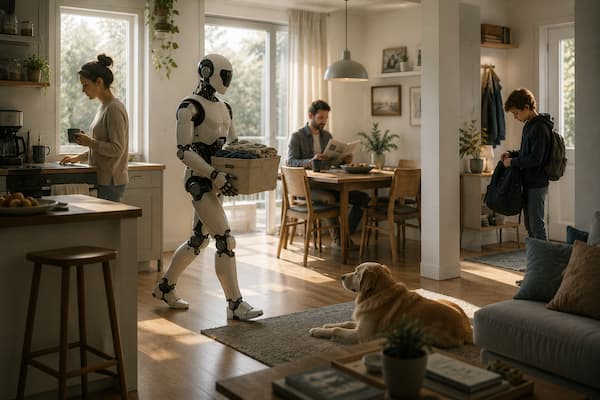 Una familia comienza silenciosamente su rutina: una persona prepara café en la cocina, otra todavía desayuna, un niño busca algo en su mochila y un perro espera junto a una puerta. En mitad de toda esa normalidad, un robot humanoide doméstico de futuro cercano atraviesa tranquilamente el salón llevando una pequeña cesta con objetos cotidianos. Nadie lo mira. Nadie parece sorprendido.