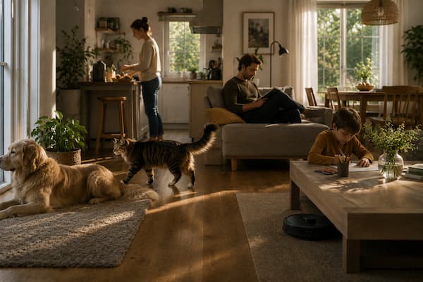 Una familia viviendo un momento absolutamente cotidiano en un hogar luminoso: alguien cocina, otra persona lee, un niño dibuja, un perro mira por una ventana y un gato atraviesa tranquilamente el salón. La presencia del robot pasa ya inadvertida y es como no verlo