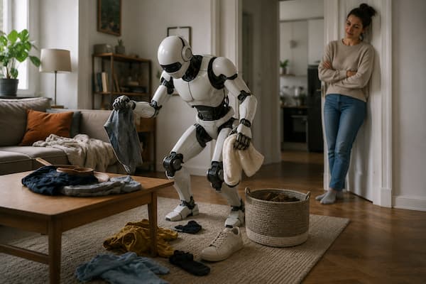 Un robot doméstico humanoide de primera generación, claramente mecánico pero tecnológicamente plausible, intenta recoger varias prendas y pequeños objetos del suelo; ha conseguido guardar algunos correctamente, pero se le ha caído un calcetín, sostiene torpemente una camiseta y permanece unos segundos aparentemente bloqueado ante una zapatilla