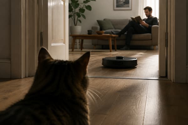 El gato observa atentamente cómo un robot doméstico entra lentamente en una habitación desconocida para él. Al fondo, desenfocada, una persona continúa tranquilamente leyendo en el sofá sin prestar ninguna atención al dispositivo