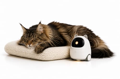 Un gato Maine Coon duerme profundamente sobre un cojín mientras un elegante robot de compañía permanece discretamente junto a él con una tenue luz cálida encendida. La escena transmite la sensación de que alguien vela silenciosamente por el bienestar del animal