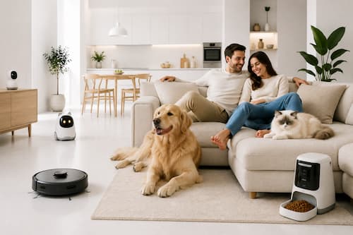 Una pareja joven descansa relajadamente en el sofá junto a su perro Golden Retriever y un gato Ragdoll mientras varios robots domésticos realizan discretamente distintas tareas repartidas por la vivienda: un robot aspirador limpiando, una cámara inteligente integrada en un mueble, un robot de compañía junto a la mascota y un comedero inteligente al fondo. Toda la escena transmite armonía, tiempo libre y bienestar, mostrando que la tecnología trabaja para las personas sin convertirse en protagonista.