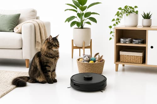 Un salón perfectamente ordenado donde los cables permanecen recogidos, las plantas potencialmente delicadas están elevadas y los juguetes de las mascotas están organizados en una cesta. Un robot aspirador permanece preparado para comenzar su recorrido mientras un gato Maine Coon observa relajadamente la escena. Todo transmite seguridad y planificación