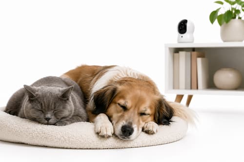 Fotografía hiperrealista de estudio con fondo blanco puro. Un gato British Shorthair duerme profundamente junto a un perro mestizo de tamaño mediano mientras una elegante cámara interactiva permanece desenfocada al fondo sobre una estantería. Toda la composición transmite calma, confianza y la sensación de que la tecnología cuida discretamente del hogar sin convertirse en protagonista. Iluminación profesional, composición muy limpia, sin personas, sin textos ni logotipos.