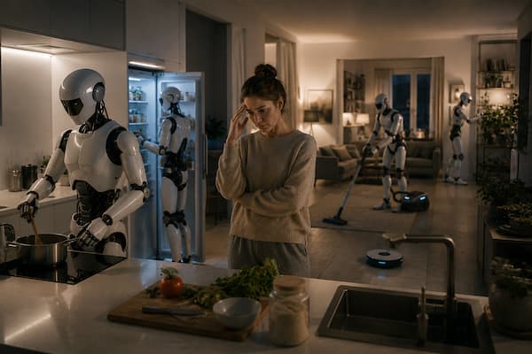 Una mujer adulta permanece inmóvil en el centro de una cocina doméstica mirando una tarea cotidiana extremadamente sencilla que parece no recordar cómo realizar por sí misma. Alrededor de ella, un robot humanoide prepara alimentos, otro sistema automático organiza objetos y pequeños dispositivos inteligentes controlan silenciosamente diferentes tareas de la vivienda. Nada parece distópico: la casa es preciosa, limpia, cómoda y aparentemente perfecta. Sin embargo, la expresión de la mujer transmite una pequeña mezcla de duda, dependencia y desconexión.