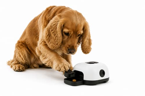 Un perro Cocker Spaniel está concentrado resolviendo un pequeño dispositivo robótico interactivo colocado en el suelo; utiliza suavemente una pata mientras observa cómo una pequeña recompensa aparece por una abertura diferente. Su expresión muestra concentración y satisfacción, no excitación exagerada. El dispositivo tiene diseño moderno y discreto y ocupa un papel secundario.