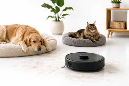 Un Golden Retriever y un gato Maine Coon descansan tranquilamente mientras un robot aspirador recoge discretamente pelo alrededor de sus camas. Los animales permanecen completamente relajados, transmitiendo convivencia natural con el robot.