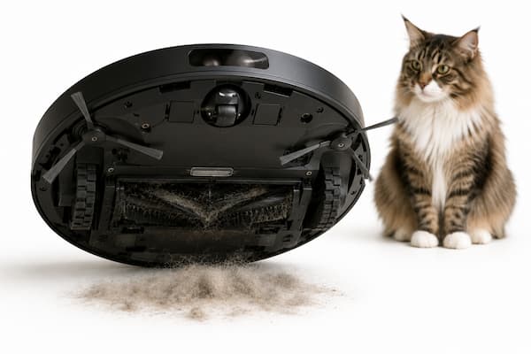 En primer plano aparece la parte inferior de un robot aspirador moderno ligeramente levantada, mostrando claramente un sistema de cepillos limpio y diseñado para evitar enredos. Junto al robot hay una pequeña cantidad realista de pelo de gato que acaba de recoger, pero los rodillos permanecen libres y funcionando correctamente