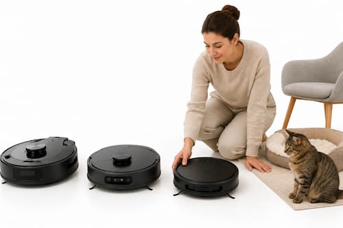 Tres robots domésticos diferentes alineados como si fueran productos atractivos: uno grande y futurista, otro lleno de sensores visibles y otro mucho más sencillo y compacto. Una persona ignora deliberadamente los dos dispositivos más espectaculares y escoge con las manos el modelo sencillo, situado junto a una pequeña representación doméstica formada por una cama de mascota, una alfombra fina y una silla