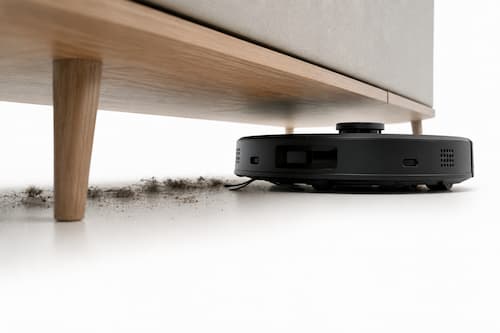 Perspectiva muy baja mostrando la parte inferior de un mueble minimalista elevado, donde se distinguen pequeñas acumulaciones realistas de polvo en una zona difícil de alcanzar. Un robot de limpieza extremadamente fino está entrando parcialmente bajo el mueble para limpiarla. La cámara se encuentra prácticamente a la altura del suelo, creando una perspectiva original y haciendo protagonista el espacio difícil de alcanzar, no el producto.