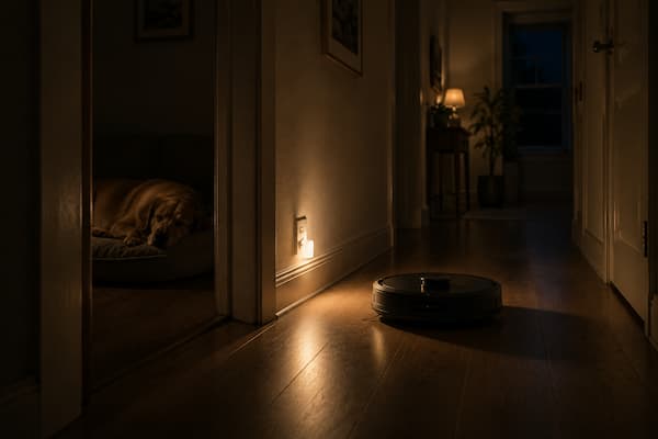 Duerme tranquilamente un perro en su cama. En primer plano, un robot doméstico autónomo atraviesa lentamente el pasillo manteniéndose deliberadamente alejado de la puerta y del animal.
