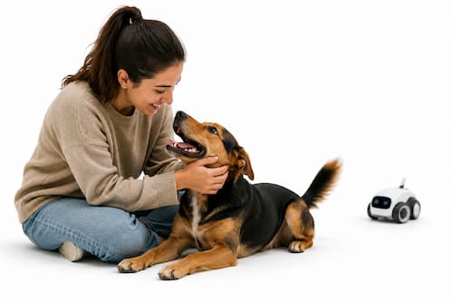Una mujer joven está sentada en el suelo jugando cariñosamente con un perro mestizo adulto que mueve la cola y centra completamente su atención en ella. Ambos muestran una conexión natural y alegre. Bastante más atrás, desenfocado y fuera del centro de la composición, permanece apagado un pequeño robot para perros que ya no está siendo utilizado
