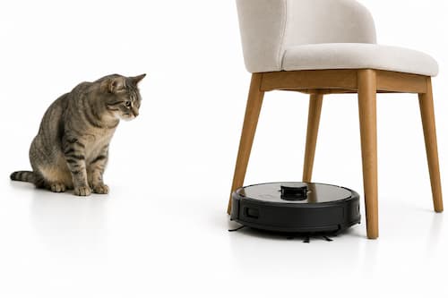 Un pequeño robot doméstico avanza hacia la pata de una silla minimalista mientras un gato situado a cierta distancia lo observa atentamente con las orejas ligeramente orientadas hacia él. El robot está a punto de cambiar de dirección para evitar el obstáculo sin tocarlo.