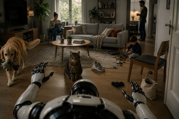 El punto de vista de un robot doméstico humanoide que contempla un salón familiar aparentemente sencillo pero lleno de pequeños problemas simultáneos: un gato sentado exactamente en mitad del recorrido mirando desafiante hacia el robot, un perro atravesando la habitación con un juguete, una zapatilla abandonada en el suelo, una silla desplazada, una puerta medio abierta,..