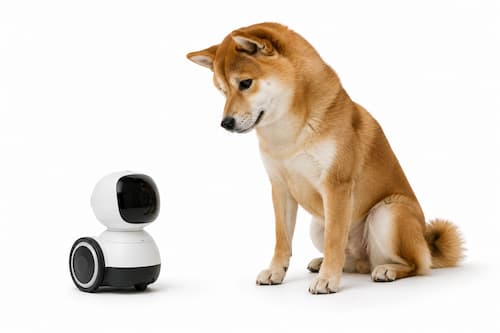 Un perro Shiba Inu está tranquilamente sentado frente a un pequeño robot móvil de telepresencia situado a la altura de sus ojos. El perro inclina ligeramente la cabeza como si acabara de reconocer una voz familiar procedente del dispositivo. El robot permanece a cierta distancia