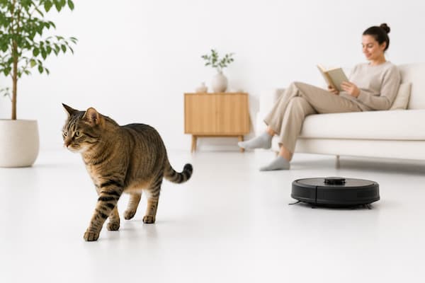 Gato conviviendo con normalidad con un robot doméstico después de adaptarse