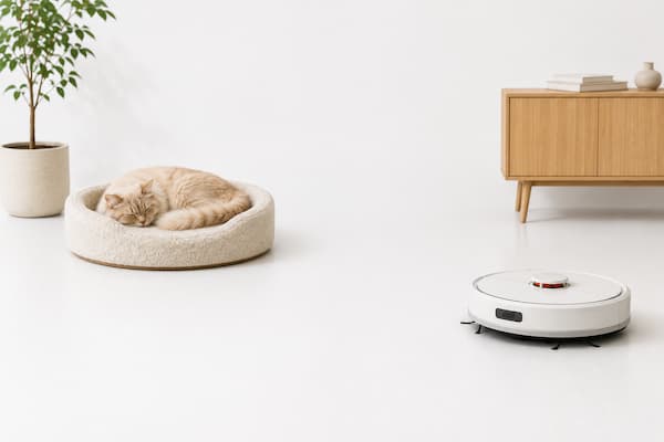 Gato descansando tranquilo mientras el robot aspirador respeta su zona