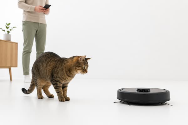 Gato observando con cautela un robot doméstico recién introducido en casa