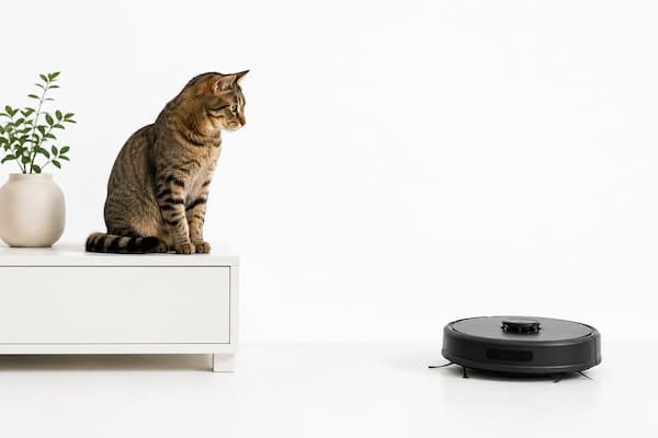 Gato observando tranquilamente un robot doméstico sin mostrar miedo