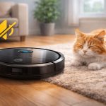 Gato relajado junto al robot aspirador