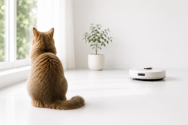 Gato y robot aspirador conviviendo de forma natural en el mismo hogar
