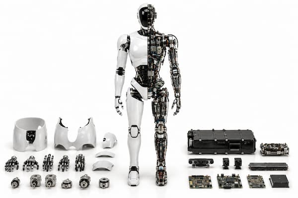 Interior de un robot humanoide con motores sensores batería y componentes tecnológicos