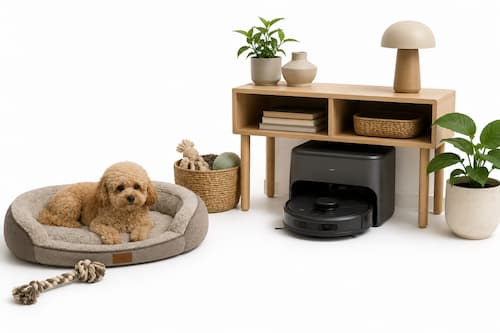 Una pequeña representación abierta de una esquina de salón: a un lado aparece la cama de un perro pequeño y algunos de sus objetos personales; en el extremo opuesto, perfectamente integrada debajo de un mueble auxiliar abierto, se encuentra una estación de carga compacta con su robot. En el centro queda una amplia zona completamente libre