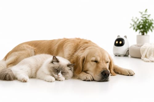 Un gato Ragdoll y un perro Golden Retriever descansan profundamente uno junto al otro mientras un pequeño robot de compañía permanece ligeramente desenfocado al fondo, integrado de forma natural en el salón. Toda la escena transmite bienestar, confianza y la idea de que la tecnología acompaña sin sustituir el vínculo entre las mascotas y su familia