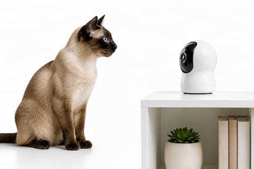 Fotografía hiperrealista de estudio con fondo blanco. Un gato Siamés permanece sentado frente a una elegante cámara interactiva con los ojos completamente atentos y las orejas orientadas hacia ella, como si escuchara una voz familiar. La escena transmite atención, confianza y cercanía. Iluminación premium, composición minimalista, sin personas, sin textos ni logotipos.