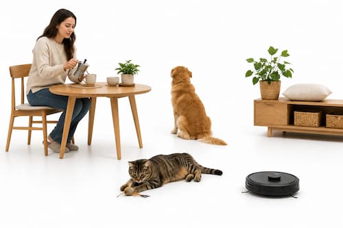 Una escena doméstica tranquila donde una persona prepara café en una pequeña mesa mientras un perro observa por una ventana y un gato juega discretamente con un juguete convencional. En un extremo, un robot doméstico realiza su recorrido sin que nadie le preste atención.