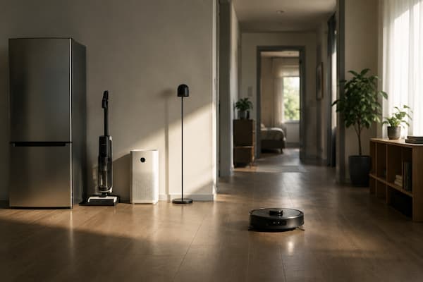 En una habitación doméstica minimalista aparecen alineados contra una pared un frigorífico, una aspiradora tradicional, una lámpara y otros objetos cotidianos completamente inmóviles. Delante de ellos, separado varios metros y en mitad del espacio habitable, un pequeño robot doméstico avanza solo hacia otra habitación