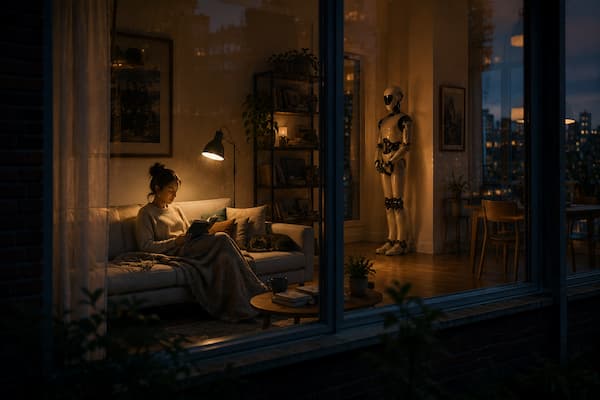 Una mujer leyendo tranquilamente en un sofá, un gato dormido, una lámpara encendida y, varios metros detrás, un robot humanoide doméstico completamente inmóvil esperando discretamente junto a una pared. El robot no realiza ninguna tarea y nadie interactúa con él.