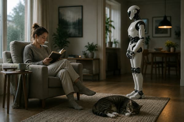 Una persona está profundamente concentrada leyendo en un sillón; sobre una pequeña mesa junto a ella permanece una taza aparentemente vacía. A varios metros, un robot doméstico humanoide se ha detenido discretamente antes de acercarse, manteniendo los brazos relajados y dejando espacio a la persona.