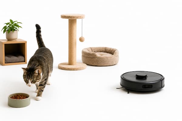 Un gato adulto camina tranquilamente y con la cola levantada hacia su comedero mientras, bastante alejado y en segundo plano, un robot aspirador negro realiza una pasada recta y ordenada por el suelo. El gato no mira al robot ni modifica su comportamiento. Cerca aparecen discretamente una cama, un rascador y un pequeño mueble de madera clara, creando un ecosistema doméstico minimalista