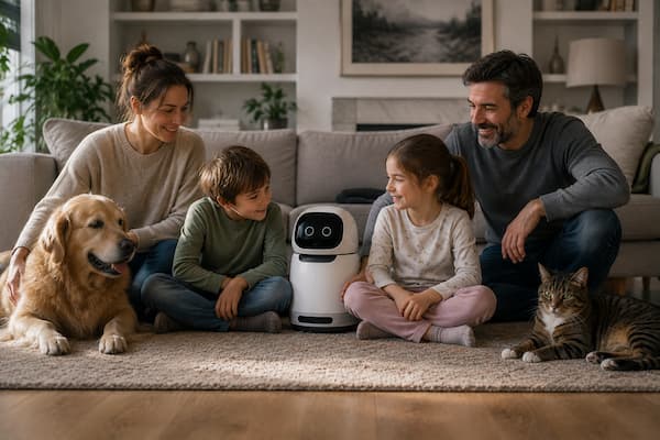 Una familia formada por dos adultos, dos niños, un perro y un gato aparece reunida de manera natural en el salón de su casa. Entre ellos se encuentra también un robot doméstico avanzado, claramente artificial y no humano, colocado de forma absolutamente normal dentro de la composición familiar.