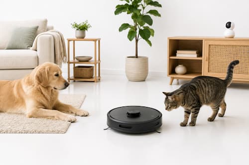 Un gato europeo de pelo corto observa con curiosidad un robot doméstico completamente detenido mientras un perro Golden Retriever permanece tumbado y relajado a pocos metros. El robot mantiene un diseño discreto y elegante, sin ocupar el centro de la escena. La composición transmite confianza, descubrimiento y convivencia natural.
