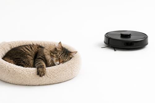 Un gato duerme profundamente y completamente relajado dentro de una cama abierta situada en un extremo de la composición. Bastante alejado, un robot aspirador moderno y compacto circula discretamente siguiendo una trayectoria que no invade la zona de descanso. Entre ambos existe mucho espacio que visualmente representa distancia y tranquilidad