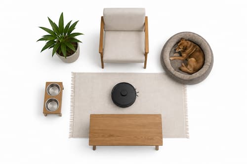 Un pequeño robot doméstico atraviesa un espacio organizado siempre del mismo modo: una cama para perro, una silla, una planta y una alfombra fina colocados de forma geométrica. El perro permanece relajado dentro de su cama mientras el robot sigue una trayectoria lógica y repetible alrededor de los elementos