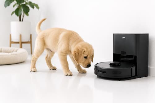 Un cachorro muy joven explora con curiosidad el salón mientras un robot aspirador permanece apagado sobre su base de carga. La escena transmite que, durante la adaptación o con mascotas especialmente jóvenes o sensibles, puede ser recomendable supervisar los primeros usos antes de automatizar completamente el hogar