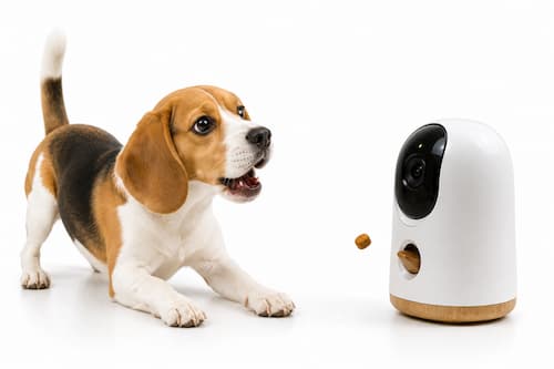 Fotografía hiperrealista con fondo blanco. Un perro Beagle observa con enorme expectación una pequeña cámara interactiva mientras un premio acaba de salir suavemente del dispositivo y permanece suspendido en el aire. La expresión del perro transmite sorpresa y felicidad. Composición premium, iluminación suave, sin personas, sin textos ni logotipos.