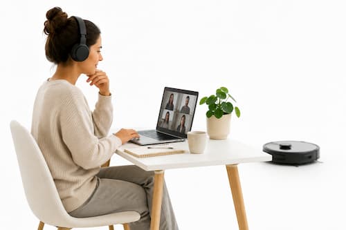 Una mujer joven trabaja concentrada con un ordenador portátil en una pequeña mesa minimalista mientras participa en una videollamada utilizando discretos auriculares. A pocos metros, un robot de limpieza pasa por detrás de su silla sin llamar su atención. La mujer continúa completamente concentrada en su trabajo. El robot aparece parcialmente oculto y nunca domina la escena. Limpieza combinada con teletrabajo,