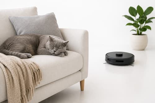 Un gato British Shorthair duerme profundamente sobre un sillón mientras un robot aspirador trabaja suavemente en el suelo a varios metros de distancia. Toda la escena transmite silencio, calma y una convivencia completamente natural entre mascota y tecnología.